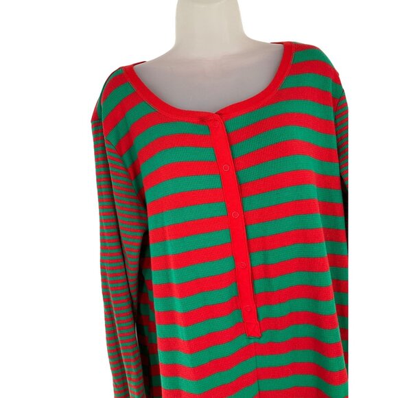 Striped Red Green Adult One-Piece Pajamas XL Button-Up Christmas Festive Holiday - Picture 5 of 5
